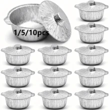 1/5/10個裝拋棄式鋁製鍋具附蓋，圓形鋁箔鍋，拋棄式烹飪餐具食品容器，適用於度假旅行、露營、烘焙、加熱、烹飪、露營、健行、居家廚房用品、餐廳廚房用具 (33.8oz)，燒烤配件、露營配件、廚房配件、廚房小工具 - 彩色 - 查看 1