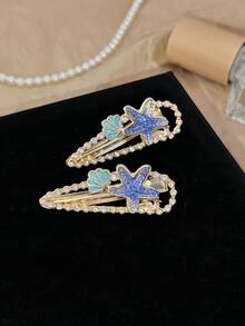 1PC Alloy Starfish Shell Rhinestone Pearl Hair Clip Women Ocean Bang Side Clip Beach Daily Hair Accessory - Blue - View 7