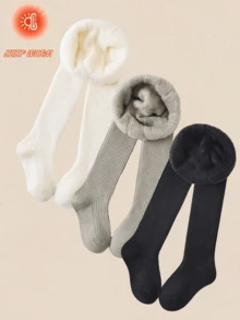 2/3 Pairs Infant/Toddler/Girl Warm Thermal Lined Socks, Solid Color Ribbed Thickened Thermal Tights, Classic Versatile Fashion Soft Skin-Friendly Comfortable Sports Bootie Socks, Suitable For Autumn/Winter Daily Wear Or Holiday Gifts, Random Color - Multicolor - View 3