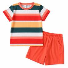Conjunto de top a rayas de colores y pantalones cortos caqui para niño de 4 a 8 años, ligero y cómodo para el parque, la playa y el uso diario - Naranja - Ver 3