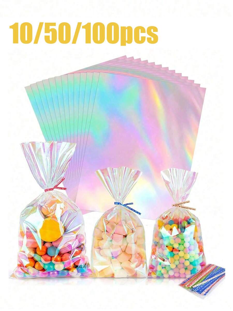 50个彩虹色可重复使用透明塑料袋，适用于马克杯、甜点、松饼、面包、巧克力、透明面包袋、塑料袋、饼干袋、糖果袋、礼品、生日派对、圣诞礼物