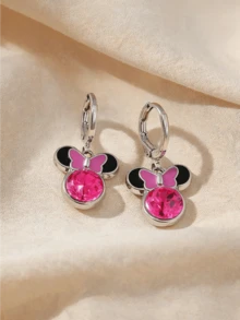Miniso Bông tai mặt dây chuyền đính đá Mickey & Minnie Mouse Disney, tông màu hồng & bạc, nhẹ & thoải mái, phù hợp cho phụ nữ đeo hàng ngày, tiệc, làm quà tặng - kiểu1 - Xem 3