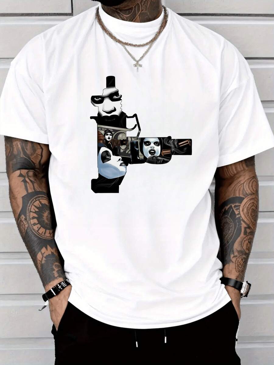 Men's Summer Short Sleeve T-Shirt, Plus Size, Y2K Style, 100% Cotton, "Dead Gangster" Movie Print, 200g Heavyweight Cotton T-Shirt For Halloween - 白色 - 查看 1