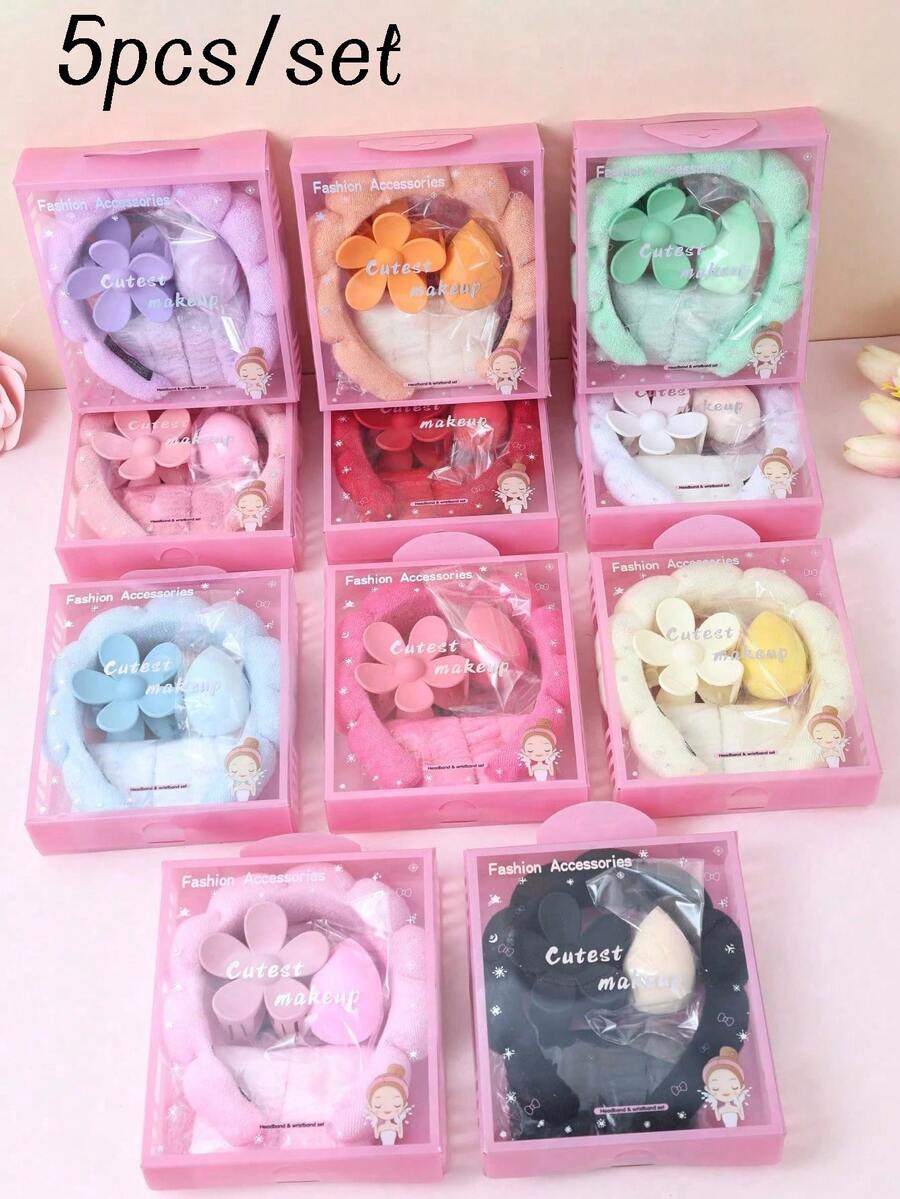 5pcs/Set Girls' Sponge SPA Headband, Wristband, Large Flower Hair Clip Gift Set, Decorative Gift Box Packaging, Suitable For Parties, Gifts And Daily Use - Multicolor - View 1