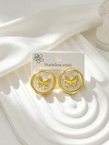 10 pièces/5 paires Boucles d'oreilles en acier inoxydable 304, élégantes et à la mode en forme de papillon, hypoallergéniques, faites d'émail durable, design rond, bijoux plaqués or pour femmes - Multicolore - Voir 8