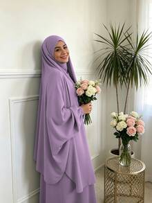2件組 Nida面料女款寬鬆舒適Khimar長袍套裝，適合日常外出與祈禱穿著，四季皆宜，穆斯林伊斯蘭服飾Khimar頭巾祈禱吉爾巴布 - 彩色 - 查看 21