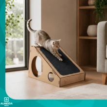 Arranhador Rampa Gatos Madeira MDF 4mm Carpete Toca Antiestresse Protetor Moveis Afiar Unhas - Bege - Visão 3