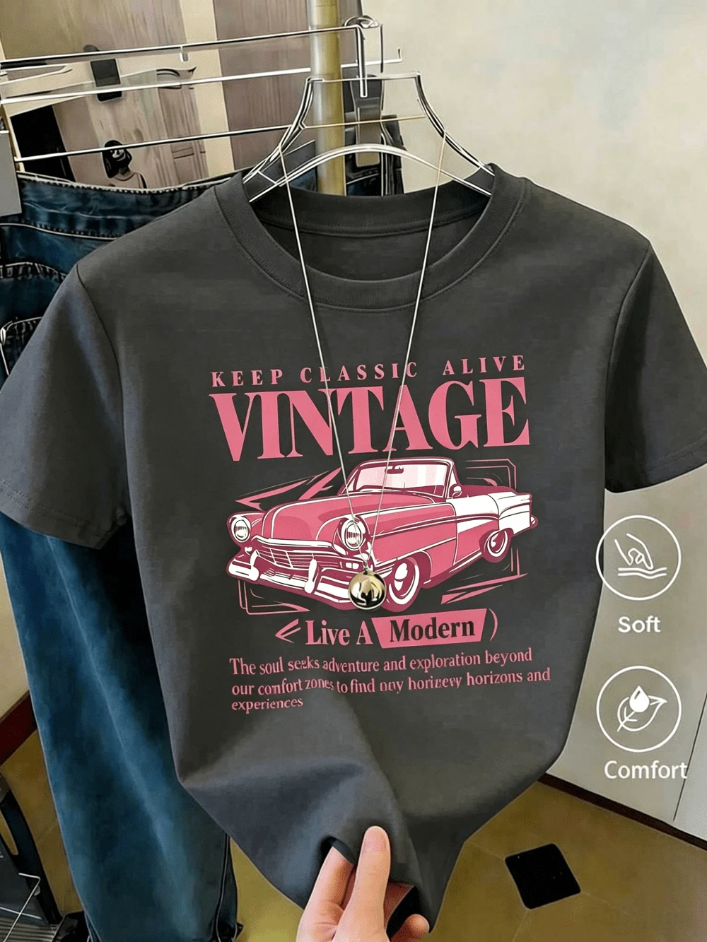 Women's Short-Sleeved Printed T-Shirt, Spring Clothing, Holiday Outfit, Black For Summer, Beach Look, Vacation, Country Style, Women's Office Outfit. - 深灰色 - 查看 1