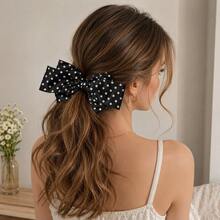 Women's Oversized Black Polka Dot Bow Hair Clip, Vintage Silk French Style Hair Accessory, Cute Y2K Style Bow Hair Clip Suitable For Party, Vacation And Daily Wear - Black - View 2