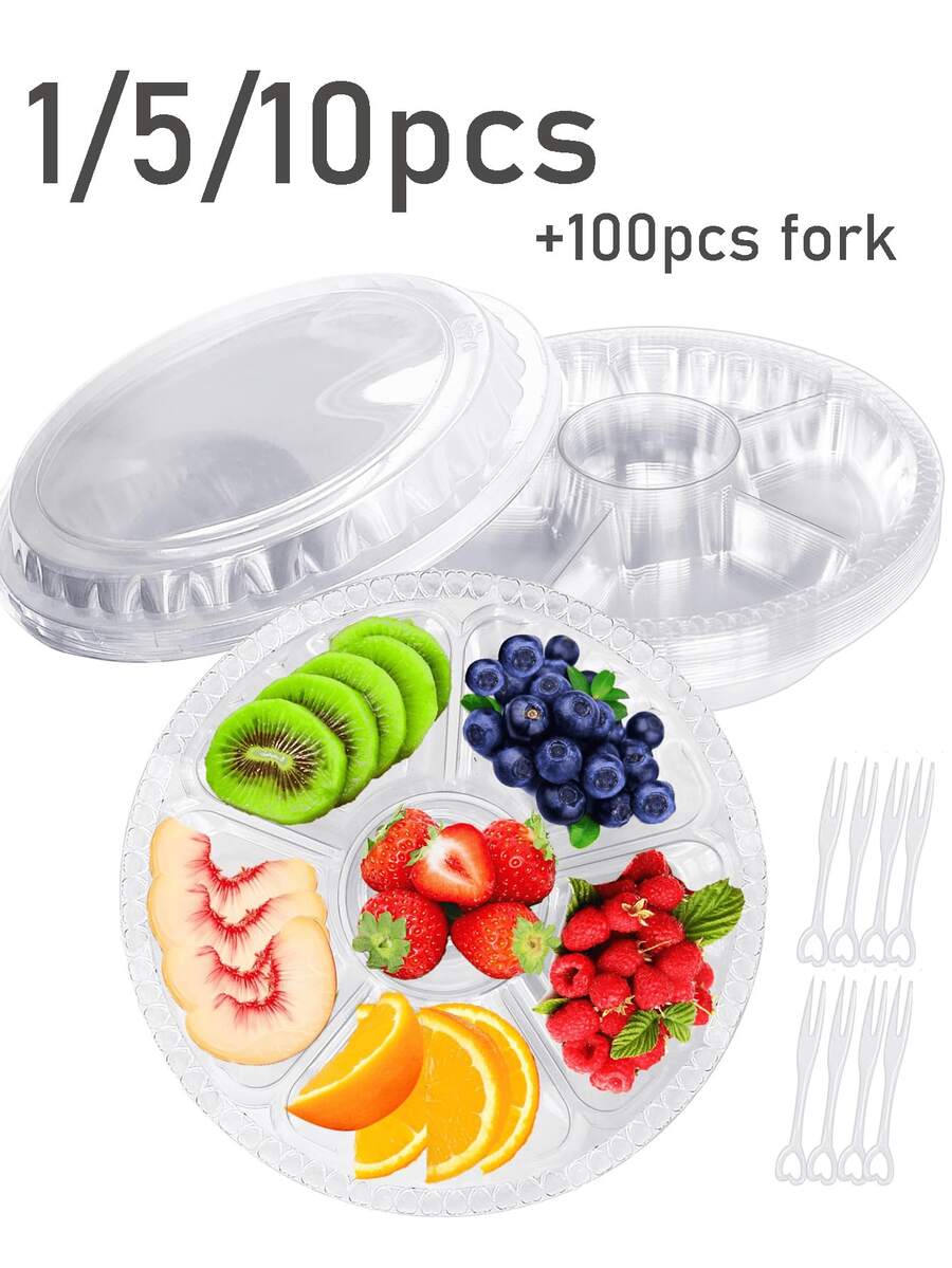 1/5/10个装圆形塑料蔬果托盘,带盖,6格分隔容器,附赠100把叉子,可重复使用,适用于蔬菜、水果、小吃聚会和自助餐,可用作食物和蘸酱盛盘 - 彩色 - 查看 1