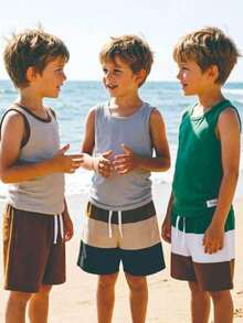 3pcs/Set Boys' Casual Solid Color Elastic Waist Drawstring Straight Leg Shorts, Spring/Summer - Multicolor - View 1