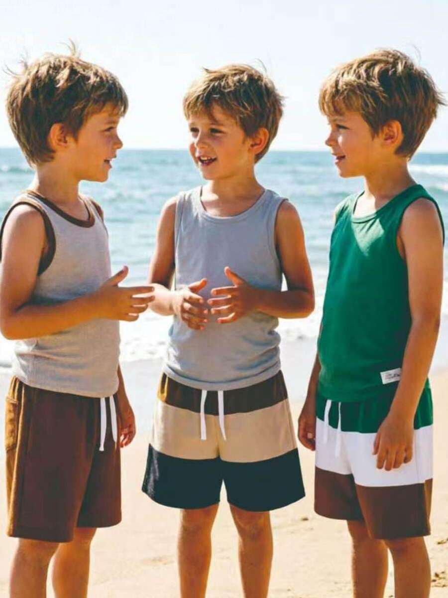 3pcs/Set Boys' Casual Solid Color Elastic Waist Drawstring Straight Leg Shorts, Spring/Summer - Multicolor - View 1