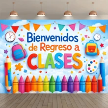 1pc Spanish "Welcome Back To School" Back To School Theme Background Banner, Polyester Material, With Colorful Pens, Backpacks And Clock Elements, Suitable For Classroom Decoration Or Back To School Activities - A - View 2