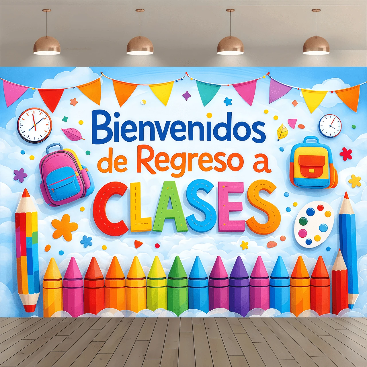 1pc Spanish "Welcome Back To School" Back To School Theme Background Banner, Polyester Material, With Colorful Pens, Backpacks And Clock Elements, Suitable For Classroom Decoration Or Back To School Activities