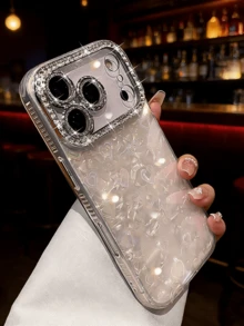 時尚優雅水鑽閃亮水晶愛心雷射貝殼紋手機殼 適用於 iPhone 17 Pro Max 16 15 14 Plus 13 12 Pro 11 Air 柔軟鏡頭保護膜 - 白色 - 查看 4