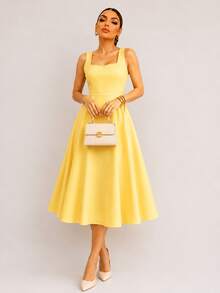 Women's Midi Dress With Square Neckline And Defined Waist | Elegant Midi Dress | Tailored Style | Defined Waist - 黃色 - 查看 1