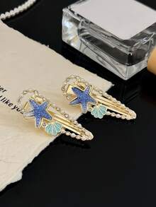 1PC Alloy Starfish Shell Rhinestone Pearl Hair Clip Women Ocean Bang Side Clip Beach Daily Hair Accessory - Blue - View 5