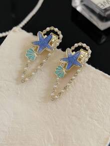 1PC Alloy Starfish Shell Rhinestone Pearl Hair Clip Women Ocean Bang Side Clip Beach Daily Hair Accessory - Blue - View 4
