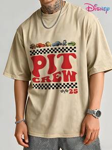 Disney IP Collaboration Cars Lightning McQueen Print Men's T-Shirt With Crew Neck And Short Sleeves, Relaxed Fit! Summer Clothing For Men, Cotton T-Shirt With Graphic Print, Suitable For Everyday Wear, Leisure And Sports. - 咖啡棕 - 查看 2