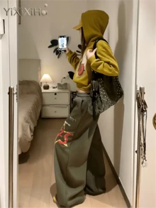 【YIXIXIHO】ウォッシュ加工 スウェットパンツ レディース メンズ 秋 ゆったり リラックス ドレープ感 ダンス ストレート ワイド カジュアルパンツ - グリーン - チェックする 4