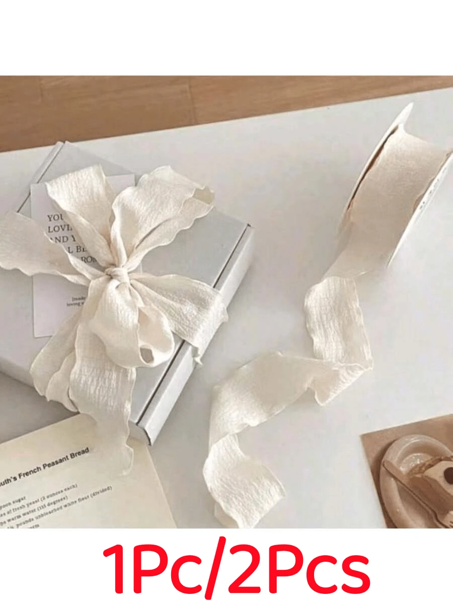 1Pc/2Pcs 2.5cm Pleated Flower Gift Cake Packaging And Decoration Ribbon, Ruched Wavy Satin Fabric Ribbon, Gift Wrapping Cord, Floral Binding Tie, Gift Decoration Tie - Apricot - View 1