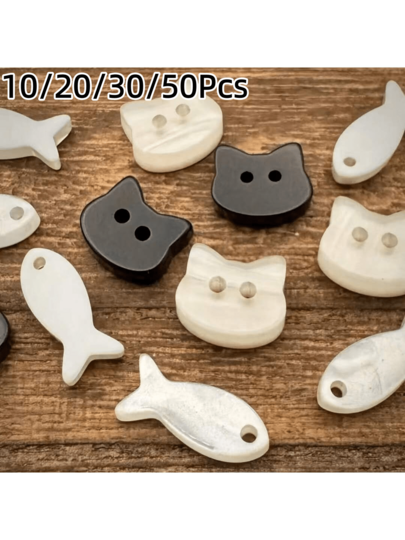 10/20/30/50pcs Black & White Cat & Fish Shaped Asymmetrical Buttons, Cute Decorative Buttons For Shirt, Cardigan, Sweater, Jacket, Knitwear DIY Sewing Accessories