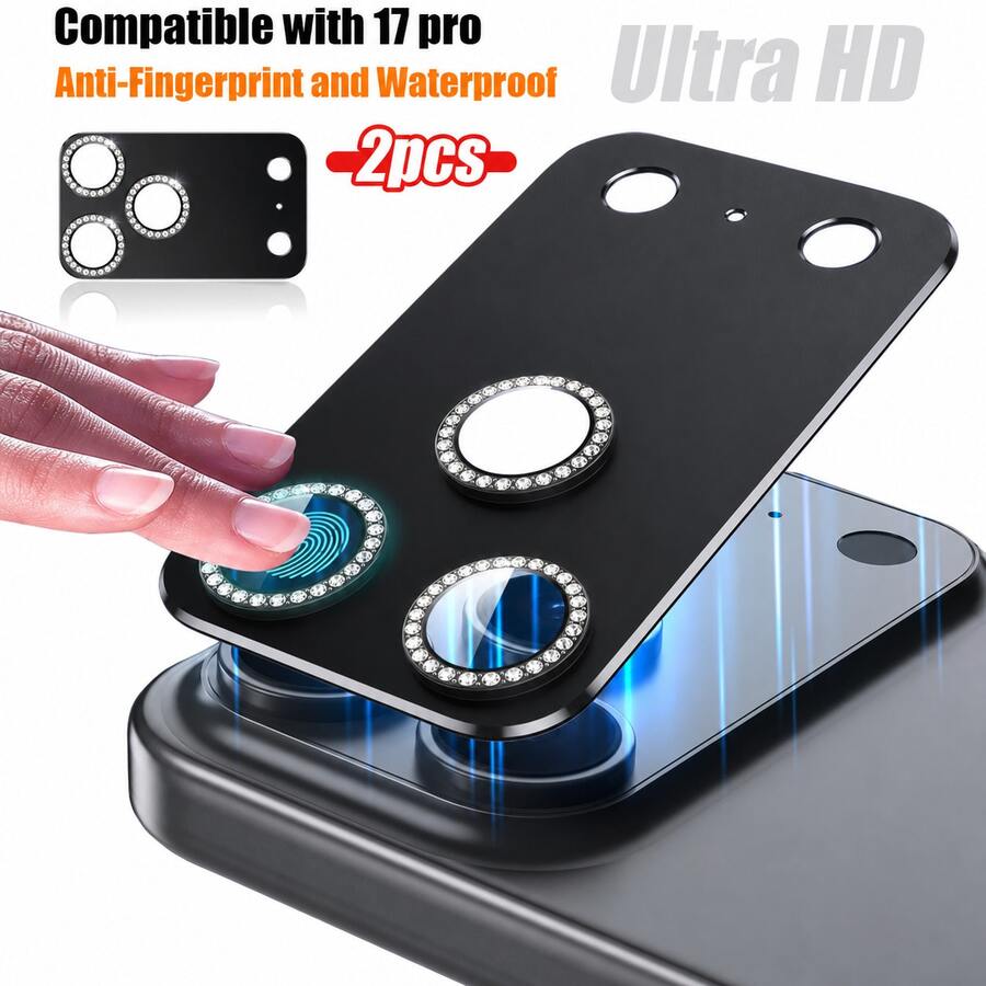 CASECOPS 2pcs Shiny Diamond Camera Lens Protector Stickers, Black (Original Color), High Definition Quality, Anti-Drop Anti-Scratch, Compatible With IPhone 17 Pro/17 Pro Max - Black - View 1