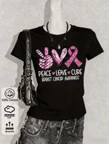 This 2026 Casual Short-Sleeved T-Shirt Features A Crew Neck Design With A Pink Bow And Heart Pattern, Designed To Raise Awareness Of Breast Cancer-Perfect For Women's Spring And Summer Fashion. - Black - View 1