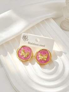 10 pièces/5 paires Boucles d'oreilles en acier inoxydable 304, élégantes et à la mode en forme de papillon, hypoallergéniques, faites d'émail durable, design rond, bijoux plaqués or pour femmes - Multicolore - Voir 7