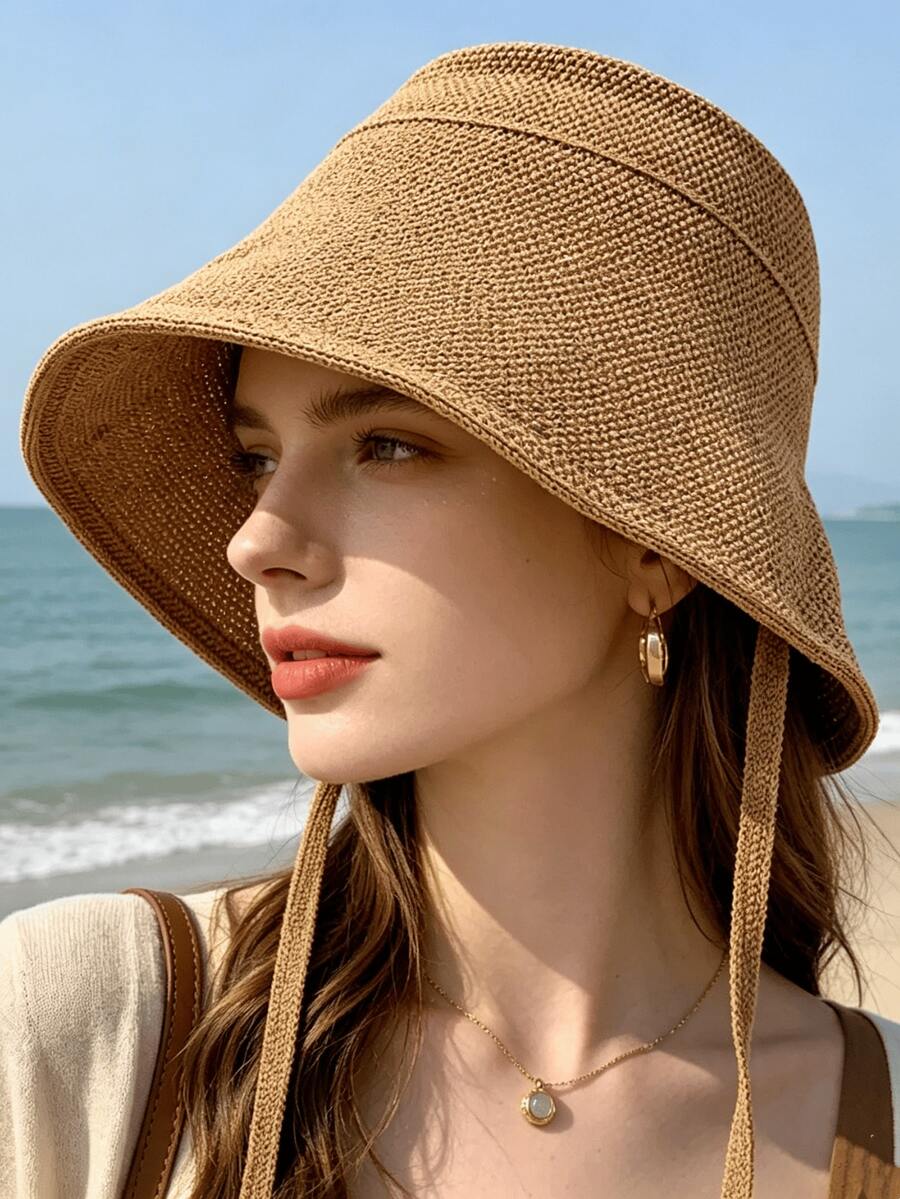 Sombrero de Pescador con Correa Tejida, Sombrero de Sol Transpirable con Protección UV, con Cordón a Prueba de Viento para Evitar Deslizamientos, Adecuado para Actividades al Aire Libre, Playa y Viajes - Correas - Ver 1