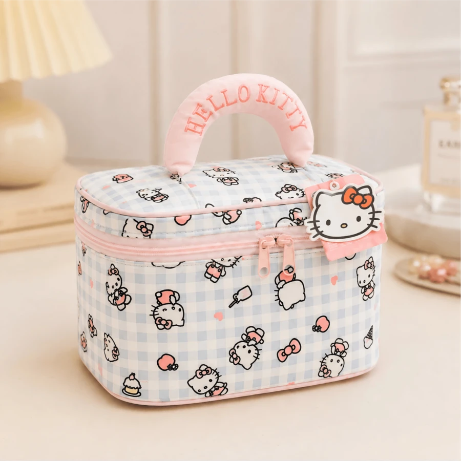 Miniso 官方 Sanrio Hello Kitty 藍色格紋化妝包,化妝品收納袋,旅行盥洗用品收納袋,度假與日常使用便攜收納袋,畢業夏季假期禮物,多色可選 - 彩色 - 查看 1