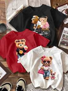 Paquete de 3 Playeras estampadas, con creativos de osos y decorativos de temporada, llamativas, modernas, holgadas, cuello redondo, manga corta, para uso diario, ideal para toda la familia - Rojo - Ver 1
