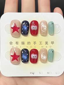 10Pcs Handmade Press On Nails, Short Square, Cute Cartoon Star & Ghost Print, Multicolor Red Blue Green, Glossy Reusable Fake Nails, Fun Kawaii Full Cover Nail Tips For Women - Multicolor - View 1