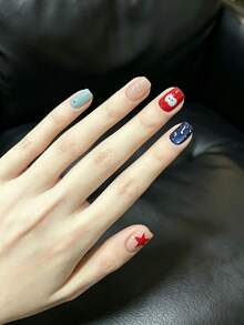 10Pcs Handmade Press On Nails, Short Square, Cute Cartoon Star & Ghost Print, Multicolor Red Blue Green, Glossy Reusable Fake Nails, Fun Kawaii Full Cover Nail Tips For Women - Multicolor - View 3