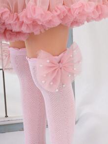 2 Pairs Girls Lace Mid-Calf Socks, Pearl Mesh Bow Long Socks, Children's Breathable Hollow Out Socks - Multicolor - View 6