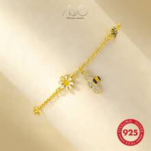 925 Silver Colorful Flower Bracelet For Women, Inlaid With Zirconia And Cute Bees, Lovely Jewelry Gift For Her, Summer - Gold - View 8