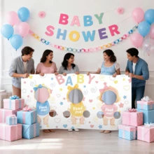 Feed The Bab-spel, bakgrund för babyshower, rolig banner för blindmatningslek, för könsavslöjande, bröllopsfestaktiviteter för gäster och fotobåsrekvisita - Stil 1 - Visa 1