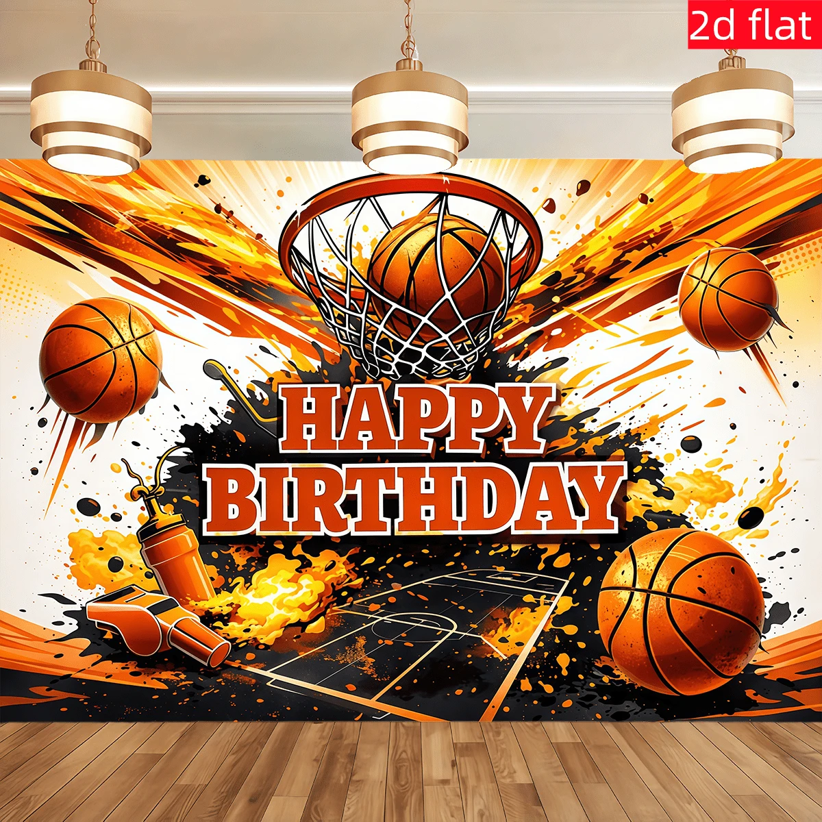 1pc Basketball Theme Birthday Backdrop, Basketball Hoop & Whistle Pattern, Birthday Party, Sports Theme, Holiday Celebration, Event Decoration, Outdoor Yard Decor, Indoor & Outdoor Decor, Photography Backdrop