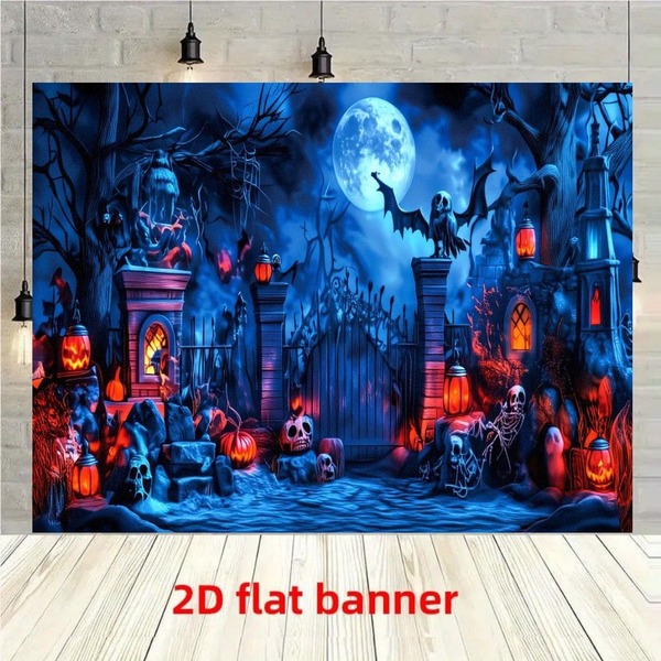 1pc 2D Blue Haunted House Halloween Background Cloth, Suitable For Horror Party Photo Backdrop, Horror Theme Decoration, Wall Hanging Fabric, Polyester Material, Indoor And Outdoor Use, Multiple Sizes Available