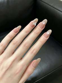 10Pcs Handmade Press On Nails, Long Almond, Nude Pink Cat Eye With 3D Butterfly Charm, Glossy Elegant Style, Reusable Full Cover Fake Nails For Women - Multicolor - View 4
