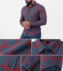 Men's Long-Sleeved Flannel Plaid Shirt - 紫紅色 - 查看 3