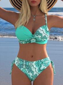 Women's Mint Green Paisley Pattern Bikini Set, Side Tie Swimsuit, Suitable For Summer Beach Vacation - Multicolor - View 3
