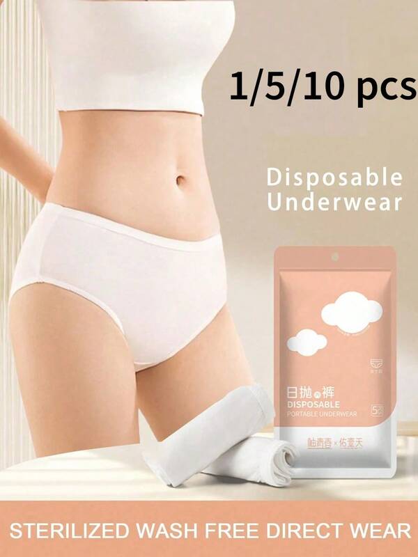 1/5/10pcs Disposable Women's Panties, Sterile, Suitable For Travel, Postpartum, Plus Size Women, Polyester Material, Soft And Breathable, White And Colorful Options, Suitable For Long Or Short Trips, Convenient To Carry, Disposable Underwear Accessories