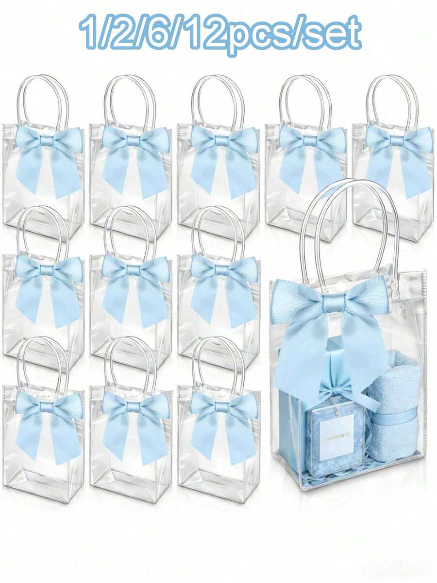 1/2/6/12入可重複使用透明塑膠禮物袋附手把,PP材質搭配蝴蝶結裝飾,適用於婚禮、新娘派對、生日派對、嬰兒派對、性別揭曉派對、小企業 (紫色) - 多色 - 查看 1