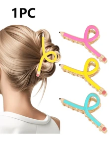 1 PIEZA Pinza para el cabello con forma de lápiz para mujer - Pinza para el cabello de metal amarillo brillante, rosa y azul claro, adecuada para cabello grueso y fino, perfecta para el Día del Maestro, fiestas y disfraces de Navidad, diseño divertido, forma de lápiz colorida - Estilo 1 - Ver 1