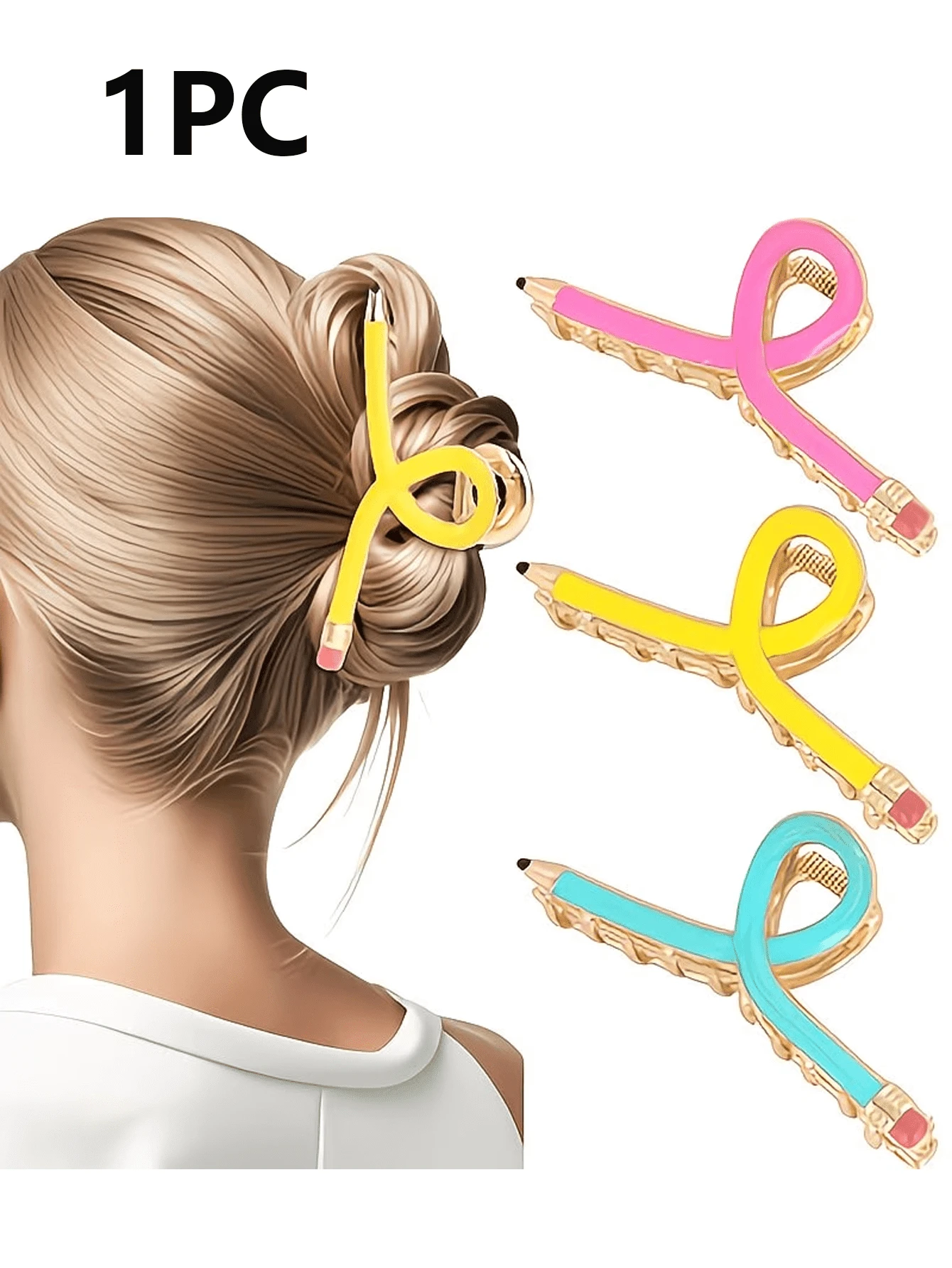 1 PIEZA Pinza para el cabello con forma de lápiz para mujer - Pinza para el cabello de metal amarillo brillante, rosa y azul claro, adecuada para cabello grueso y fino, perfecta para el Día del Maestro, fiestas y disfraces de Navidad, diseño divertido, forma de lápiz colorida - Estilo 1 - Ver 1