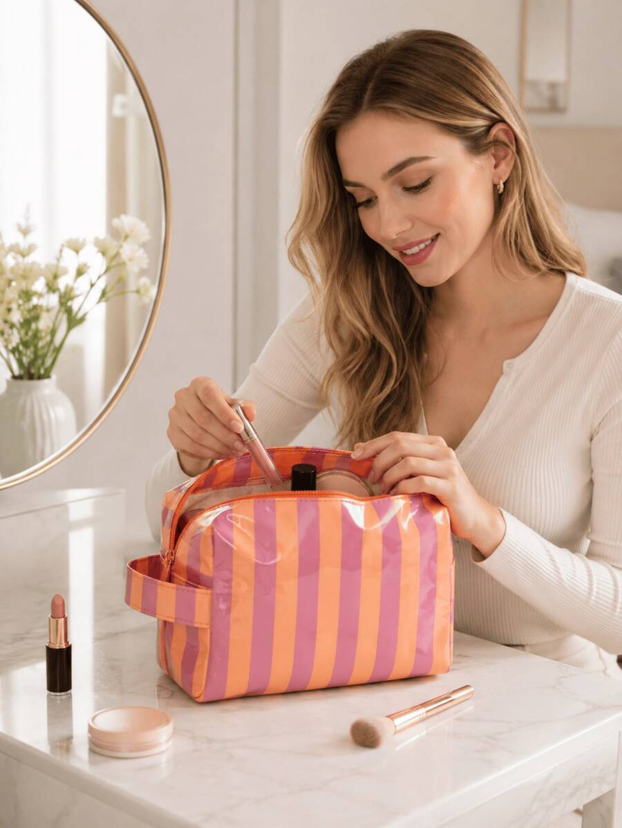 1/2pcs-Aesthetic Storage & Organization With Waterproof Shiny Finish Stylish Cosmetic Bag Striped Storage Bag For Fashionable Women And Travelers Large Capacity Striped Glossy Makeup Case Bathroom Vanity Bedroom Desk Organization Hold Palette Brushes