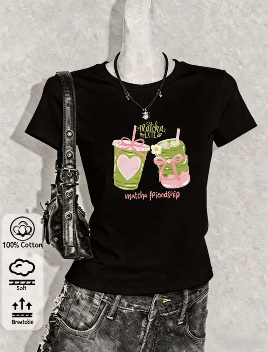 2026 100% Pure Outdoor Theme T-Shirt, Women's Short-Sleeve T-Shirt, Matcha Latte Heart Print, Casual Summer T-Shirt Top, Summer Top, Women's - Schwarz - 查看 1