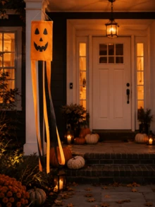 2pcs Orange Pumpkin Smiling Face Halloween Wind Vane Flag, Fun Halloween Style Polyester Long Tassel Hanging Decor Wind Vane With Tassel Ribbon Tail, Suitable For Halloween Theme Events, Indoor/Outdoor Parties, Porch, Yard, Garden And Autumn Seasonal Decoration - Halloween - View 10