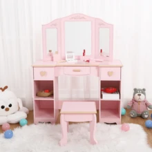 Kids Vanity Set,Kids Vanity Table And Chair Set,Wood Makeup Vanity Desk With Tri-Folding Mirror And Stool,Children Makeup Dressing Table With 3 Drawers,4 Storage Shelves & Accessories For Girls - Pink - View 2